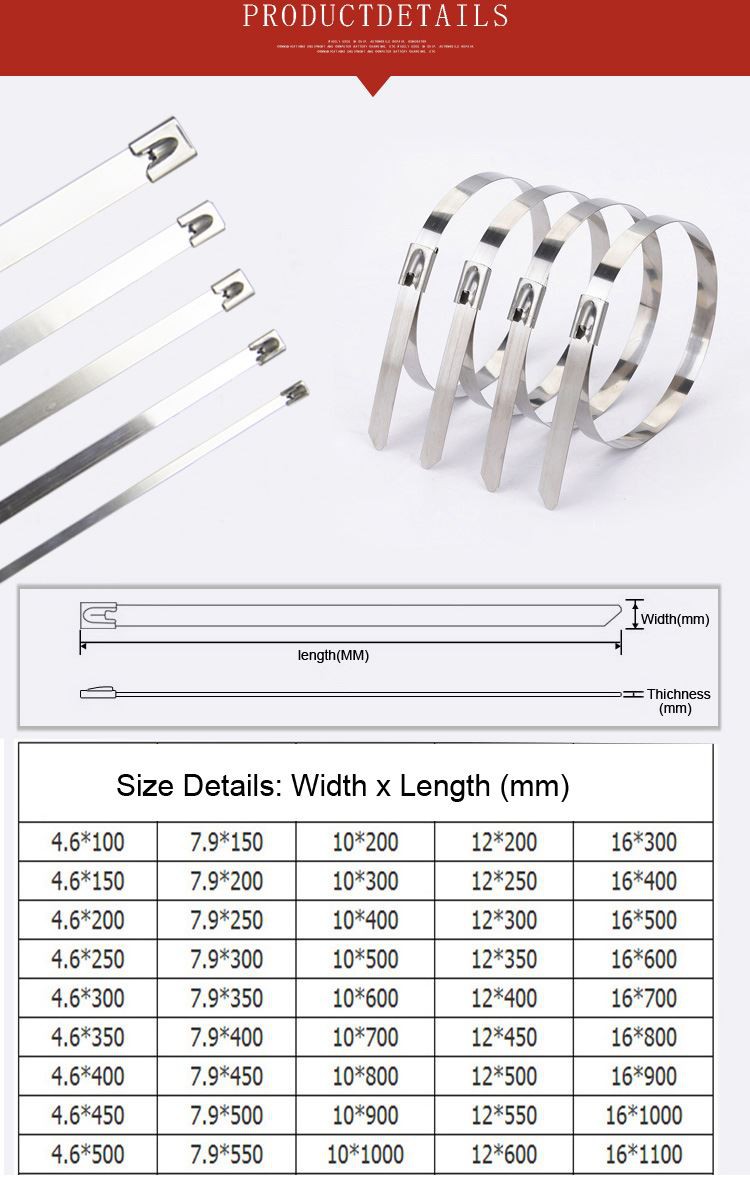 size of stainless steel cable ties